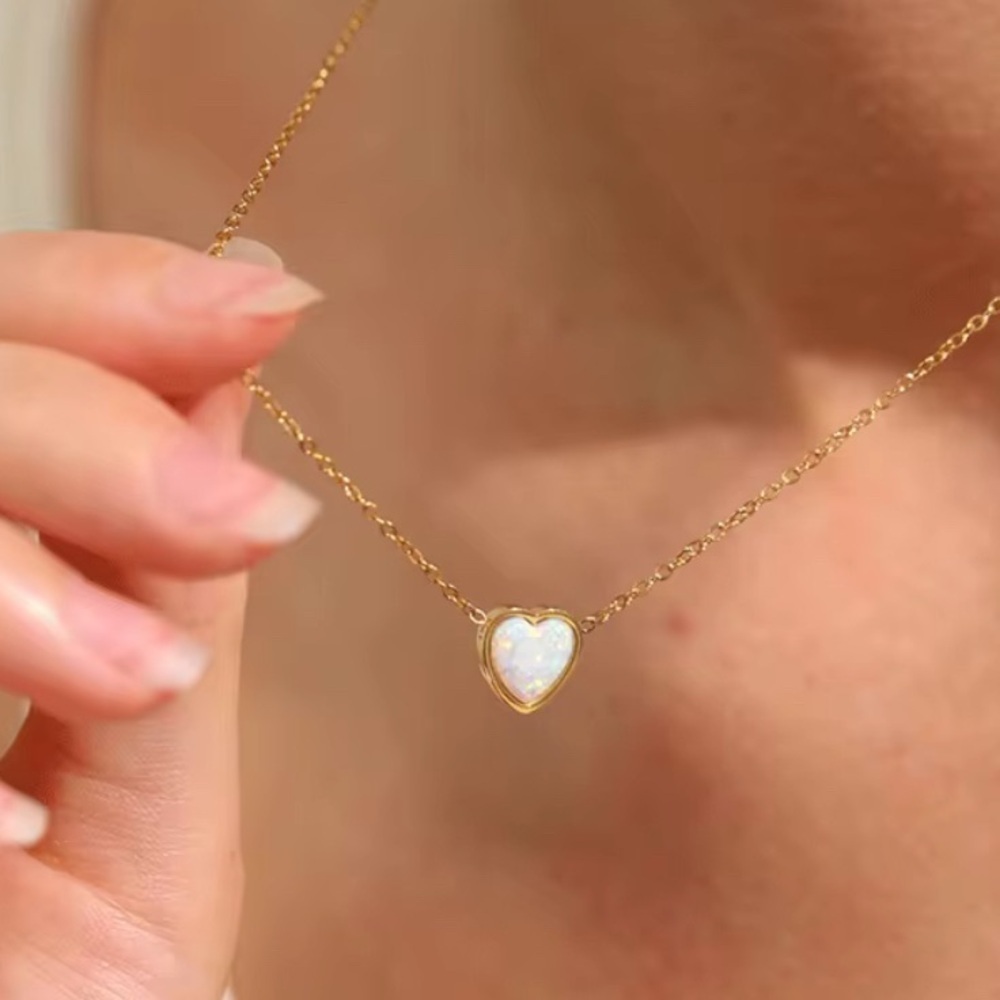 18K White Gold White Fire Opal Heart Natural Gemstone Minimalist Necklace Dainty - Picture 6 of 6